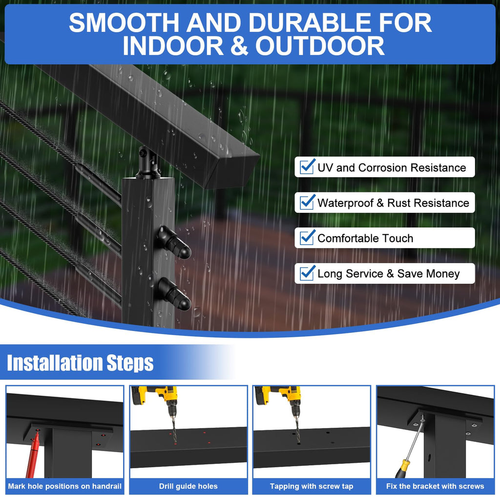 10FT Stainless Steel Cable Railing Handrail, Black Rectangular Handrail for Indoor Outdoor Deck Stair Cable Railing