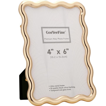 Gold 4 x 6'' High-End Zinc Alloy Picture Frame with Wave Design - Modern Glamour 6x4'' Pictures Frames for Desktop