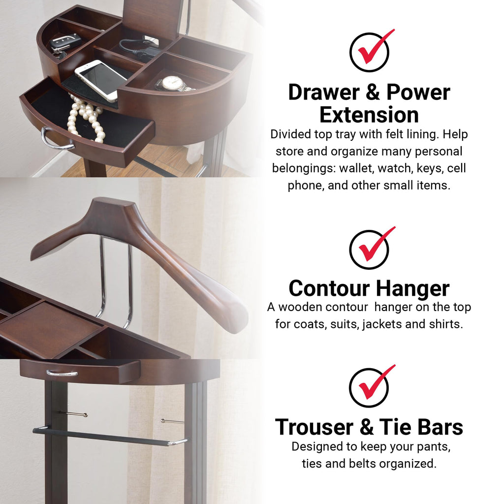 Wooden Suit Valet Stand for Men with Drawer and Shoe Rack