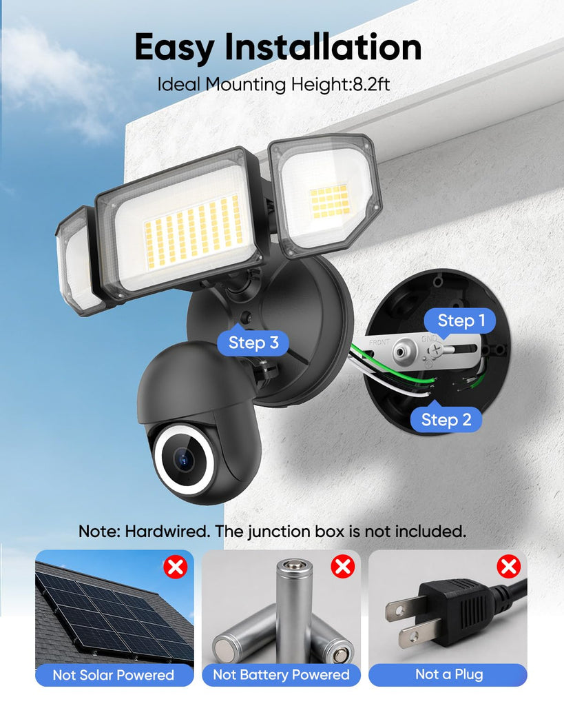 Floodlight Camera Hardwired, 2K+ UHD Outdoor Security Camera, 360° Pan & Tilt View, AI Detection & Tracking