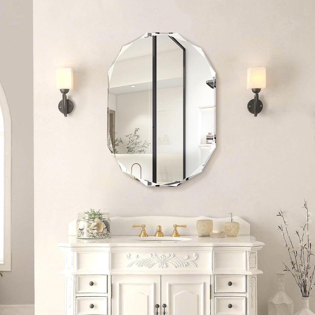 Single Beveled Edge Bathroom Vanity, 20" x 28" Oval Wall, Shatterproof Frameless for Over Sink, Restroom