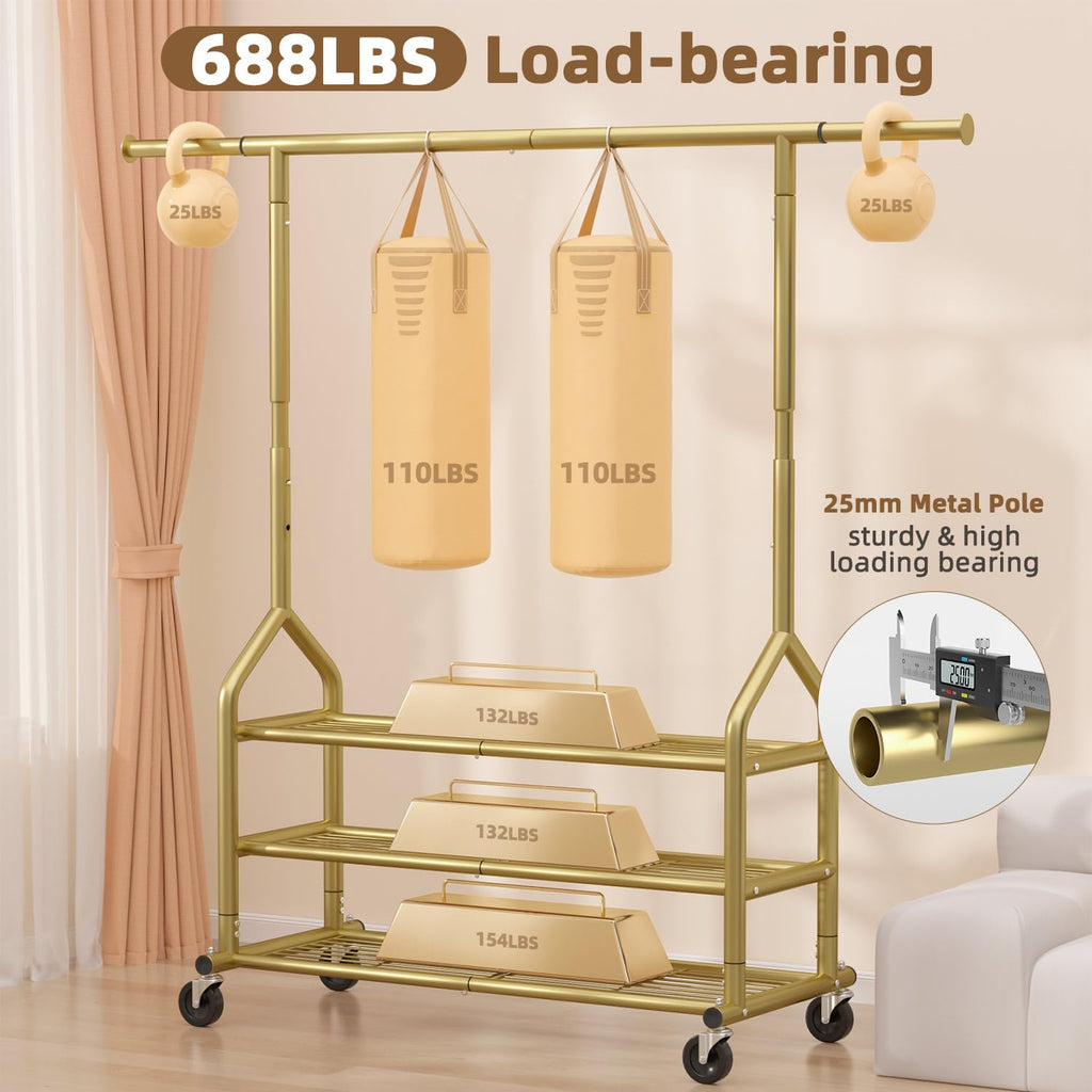 Heavy Duty Clothes Rack Load 688 LBS, Rolling Clothing Rack With 3 Shelves, Adjustable Metal Clothes Hanger with