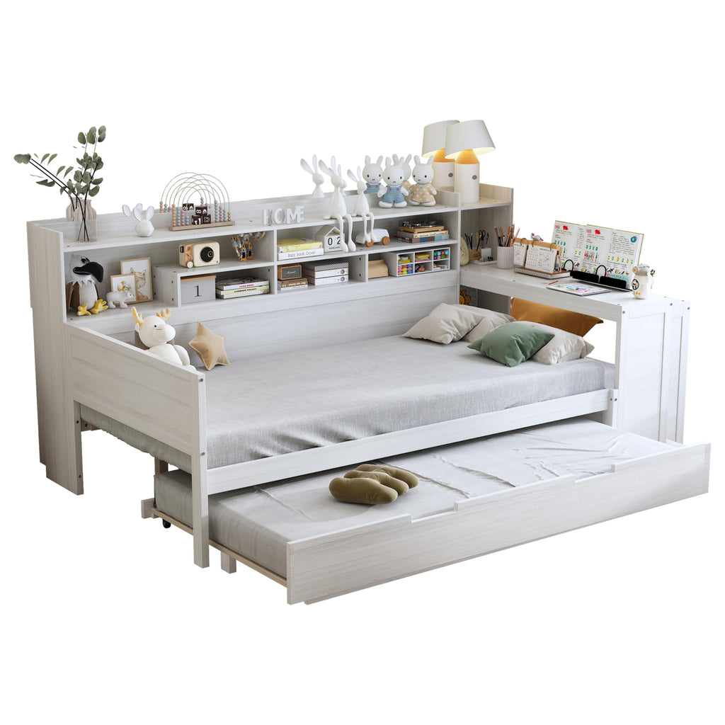 Twin Size Daybed with Trundle, Wooden Multi-Functional Bed with Storage Shelves and Study Desk, White