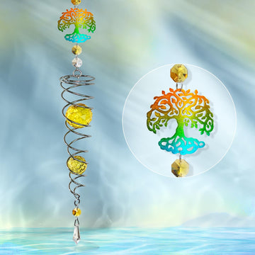 Tree of Life Gazing Ball Spiral Wind Spinner Silver Spiral W/Golden K9 Crystal Ball Tree Hanging Ornament Indoor