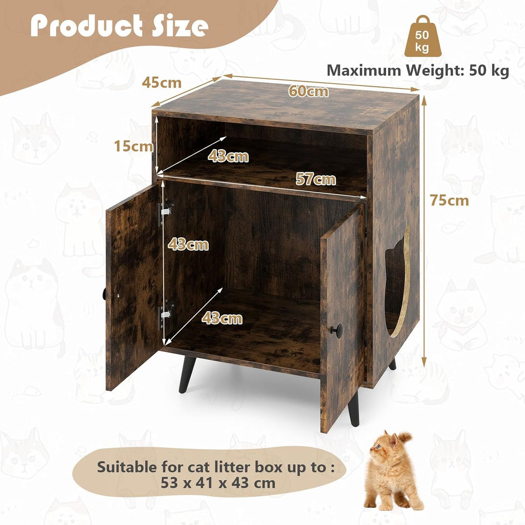 Cat Litter Box Enclosure, Wooden Enclosed Litter Box with Shelves, Hidden Litter Box Furniture End Table (Rustic
