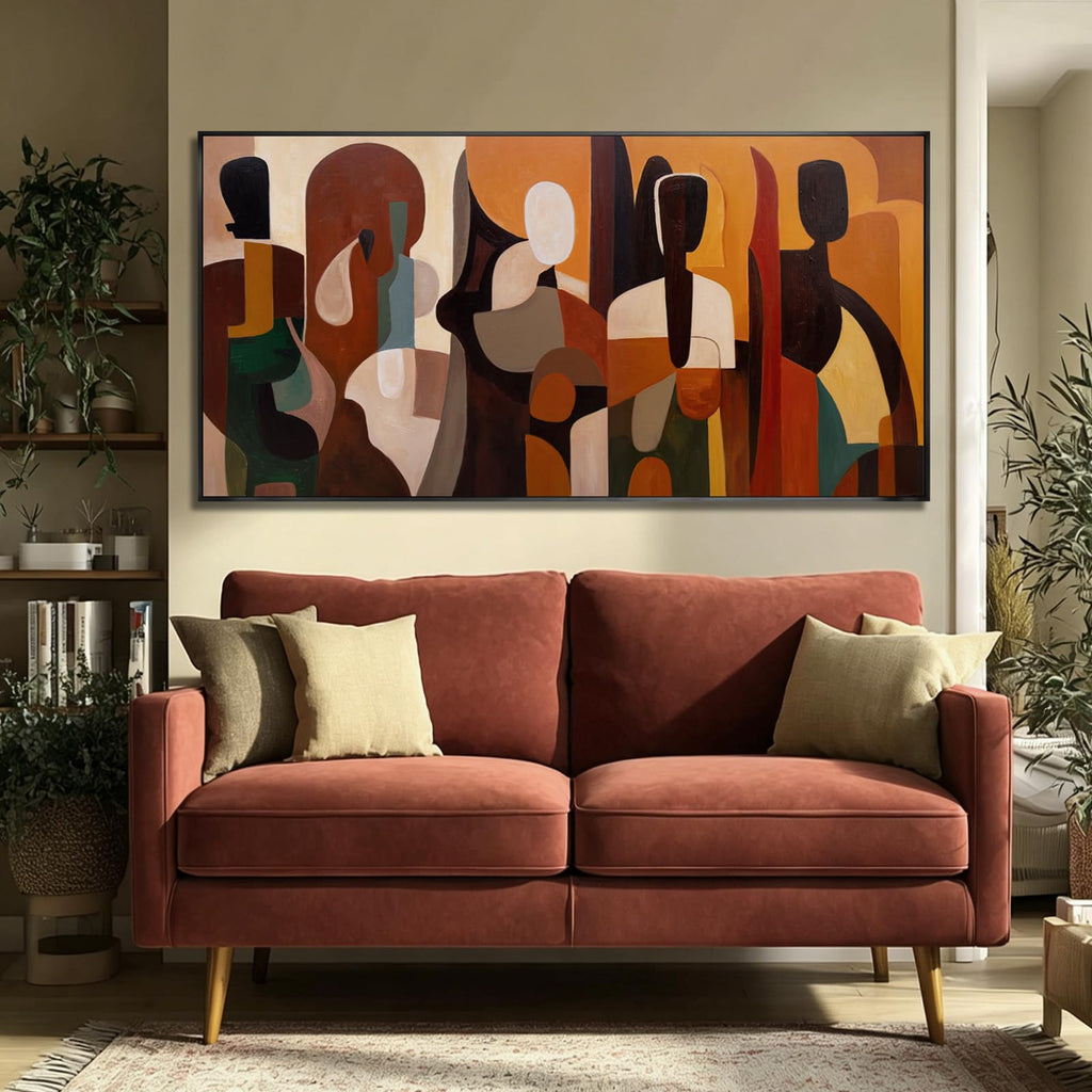 Modern Abstract Wall Decor Framed Canvas Prints Brown Geometric Wall Art Vintage Figure Artwork Office Entryway 24x48