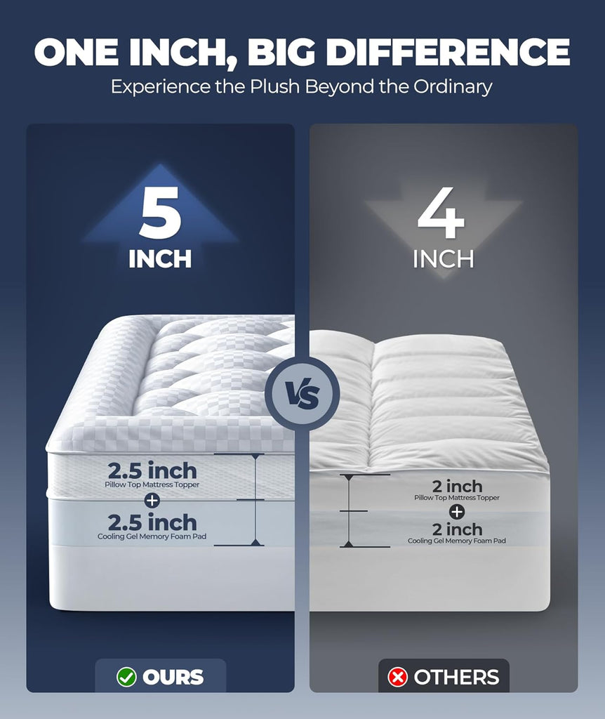 5 Inch Mega Support Memory Foam Queen Mattress Topper for Pressure Relief, Dual Layer 2.5" Pillow Top Mattress Topper