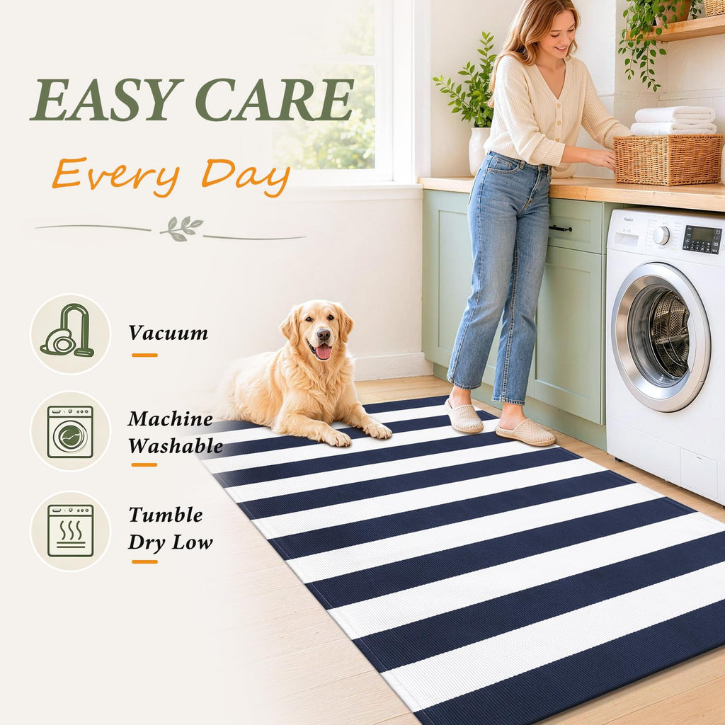 Navy and White Striped Accent Rug 3x5, Washable Indoor Outdoor Rug