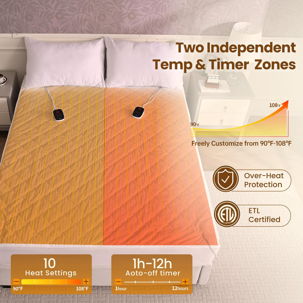 Electric Heated Mattress Pads Queen Size Dual Controllers 60"×80" Waterproof Bed Warmer 21" Deep Pocket 10 Heat