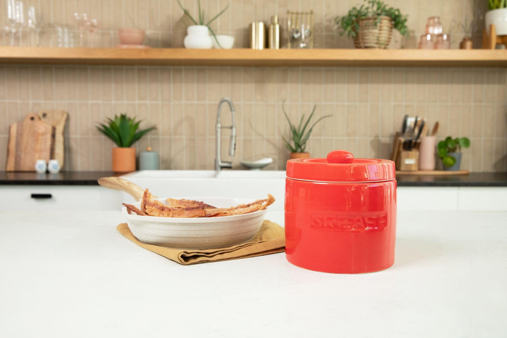Bacon Grease Saver with Strainer - Ceramic Grease Container 1L Storage Canister | Holds Bacon Fat Drippings | Oil