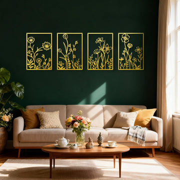 Gold Metal Flowers Wall Decor, Minimalist Floral Metal Wall Hanging Art Bathroom Living Room (4 Pcs, 12 x 17 in)