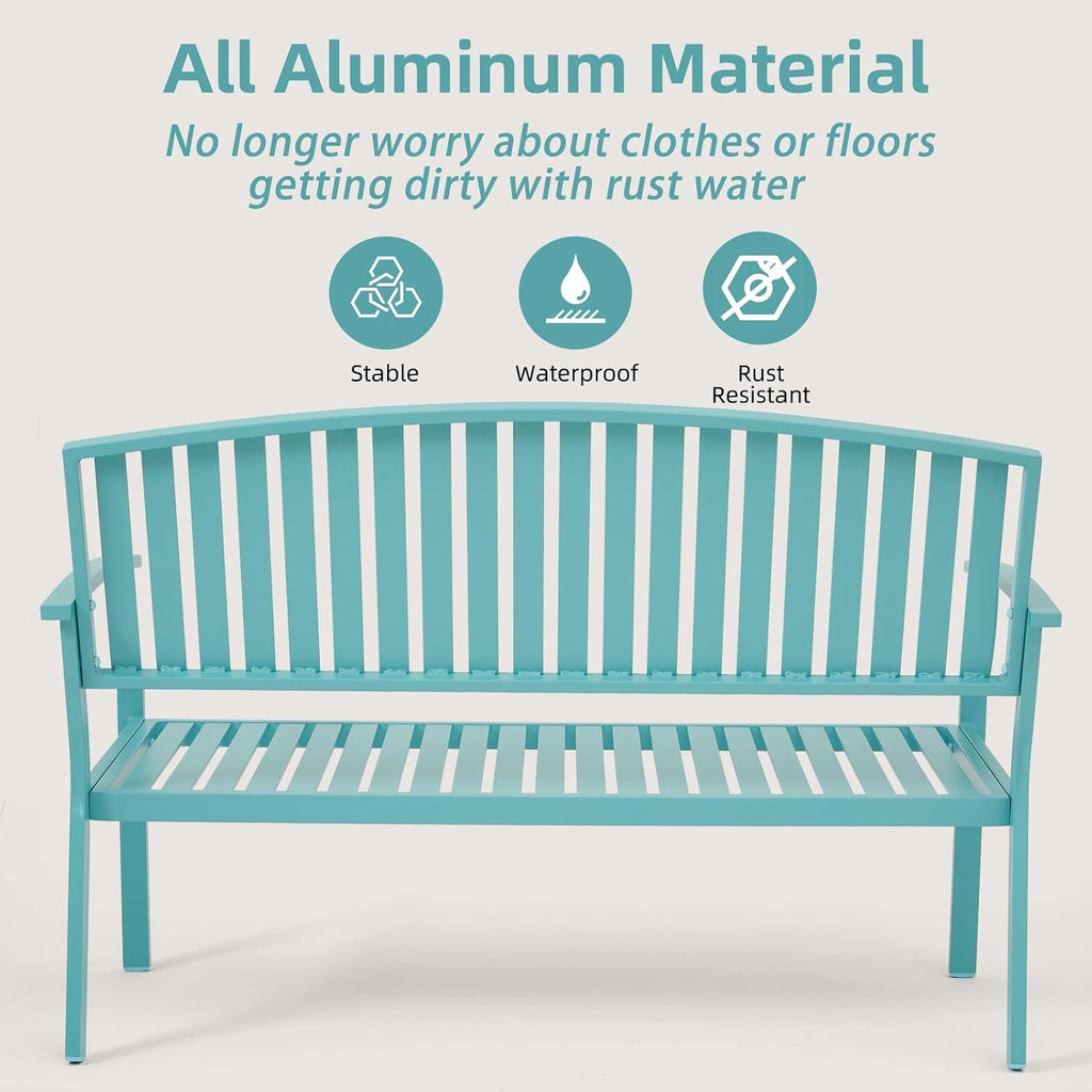 52" Outdoor Aluminum Garden Bench for 2, Weatherproof, Blue | waterproof rust-resistant metal bench supports up to