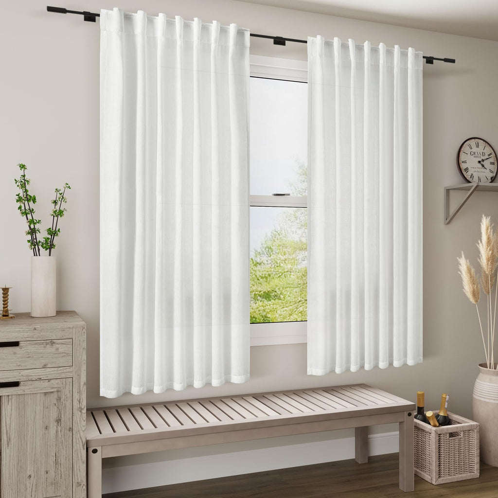 White Linen Curtains 67 Inch Length Semi Sheer Light Filtering Privacy Back Tab Rod Pocket Drapes 2 Panels Set