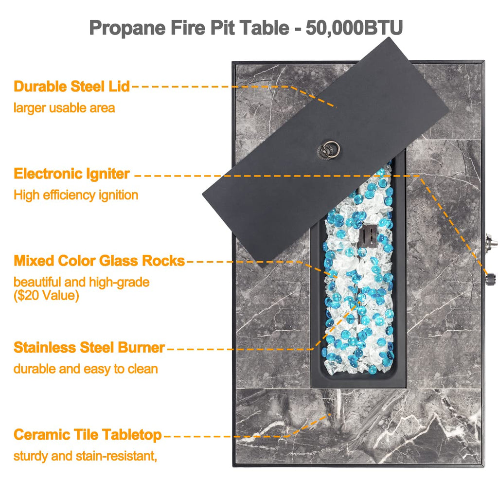 32'' Fire Pit Table with Natural Gas Conversion Kit, Marble Textured Ceramic Tabletop, 50, 000 BTU Fire Table with