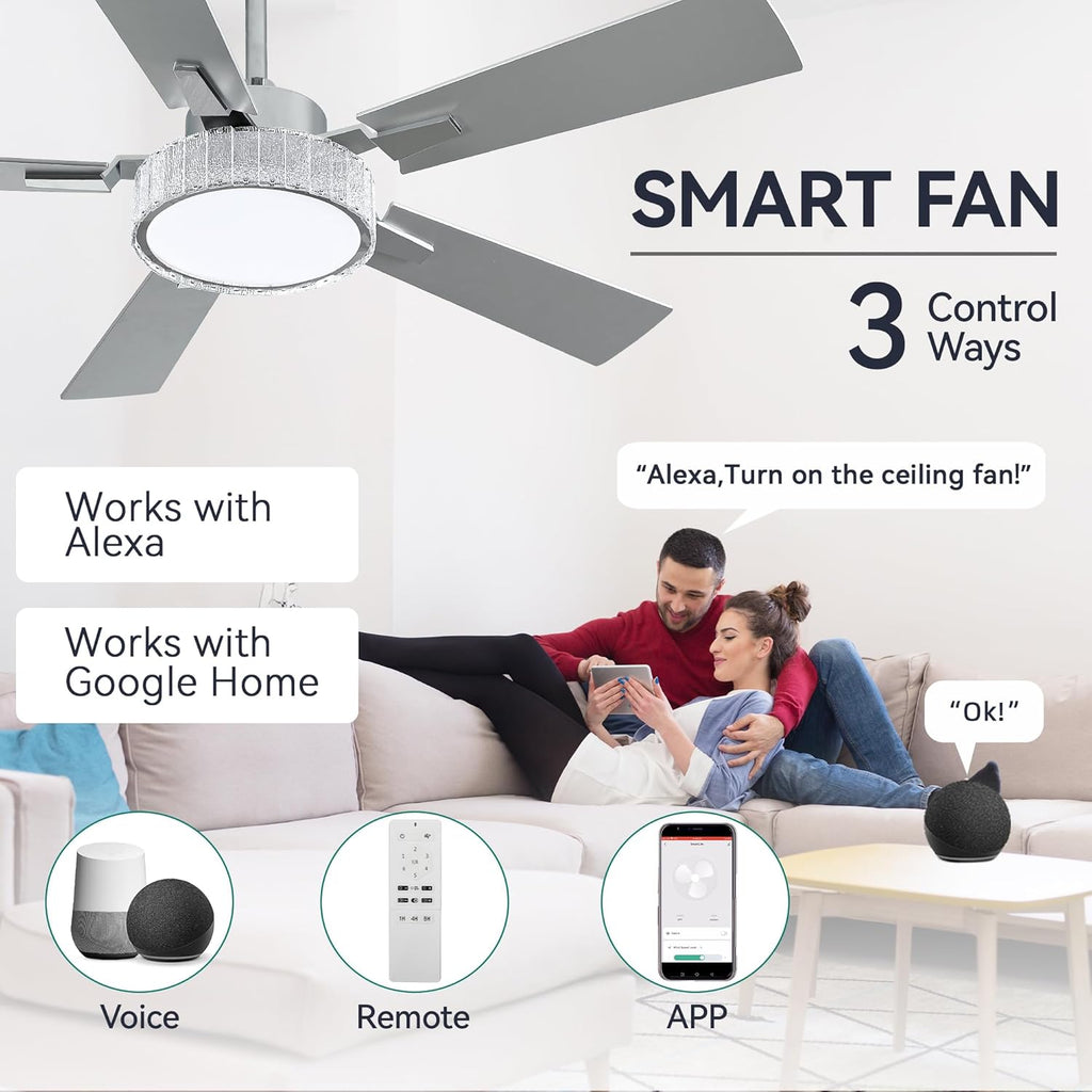 52 Inch Chandelier Ceiling Fans with Lights and Remote/App, Smart Ceiling Fans Compatible with Alexa