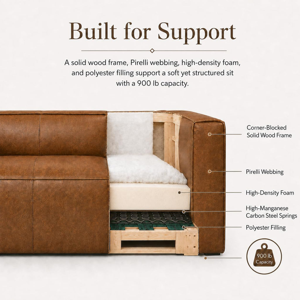 90.94-Inch Cognac Tan Faux Leather Sofa, Modern 3-Seater Couch