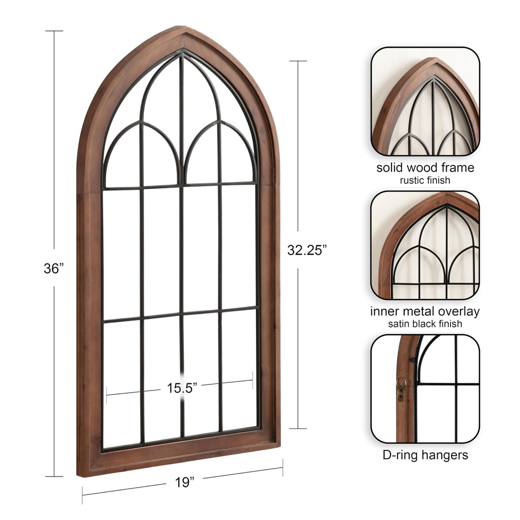 Rennell Farmhouse Arched Wall Art Plaque; 19 x 36; Walnut Brown and Black; Wood and Metal Windowpane Wall Decor for