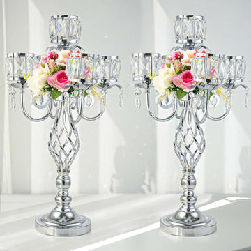 23.2 inch Tall Elegant and Chic 5 Arm Pendant Crystal Candlestick Holder Table Decoration tealight Candle Holder