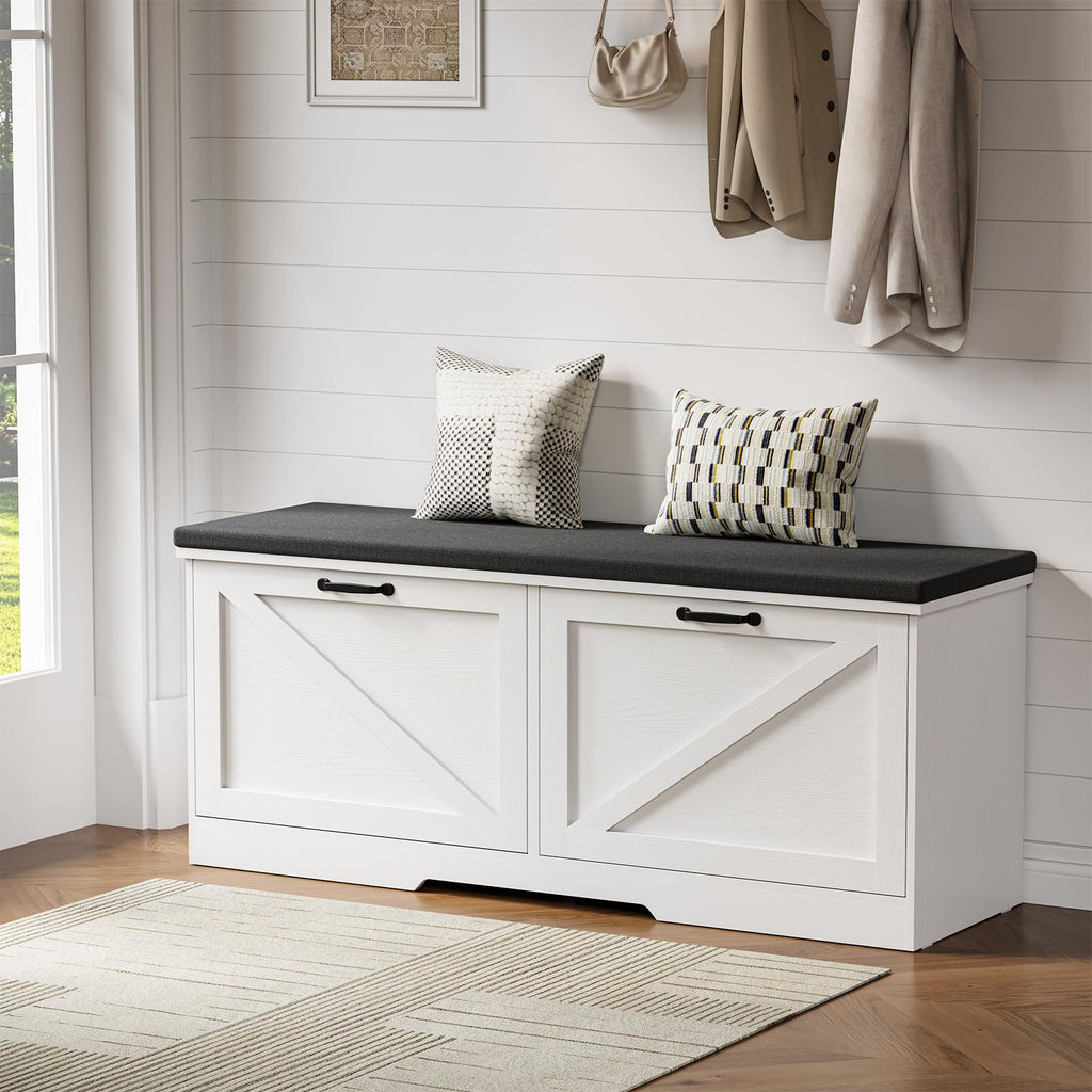 Farmhouse Shoe Storage Bench with Seat Cushion & 2 Flip Drawers
