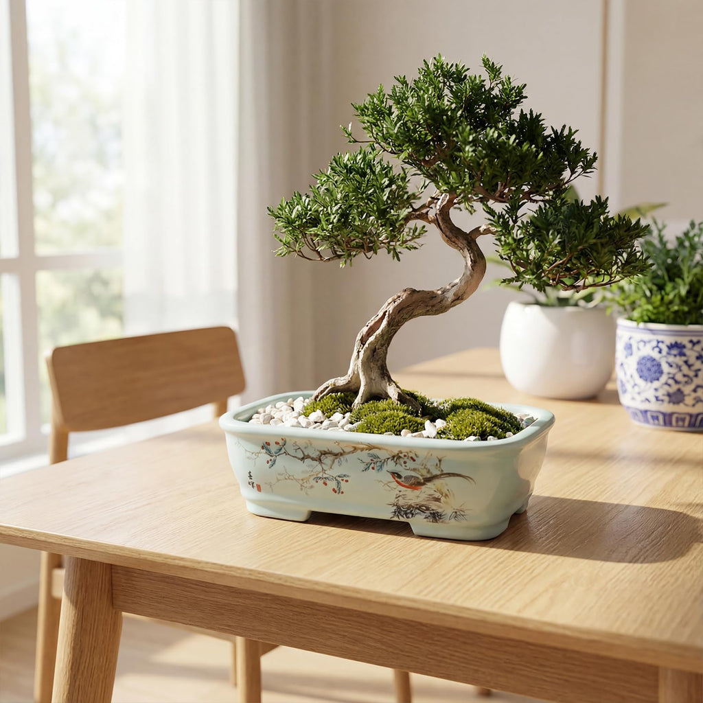 8" Bonsai Pots with Tray, Rectangular Planter in Blue & White