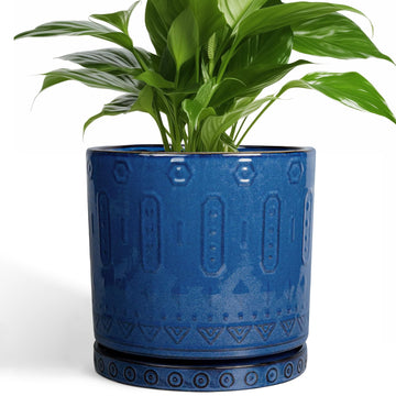 Ceramic Planter - 8 Inch Plant Pot Indoor with Drainage Holes and Saucer Round Planter Outdoor Mid-Century Modern