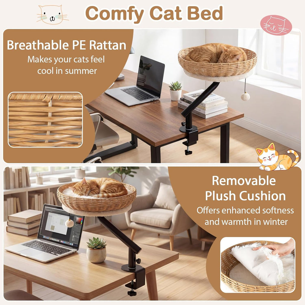 Cat Desk Bed, 360° Rotatable Rattan Desk Cat Bed Attachment with Removable Padded Cushion, Hanging Jingling Ball &