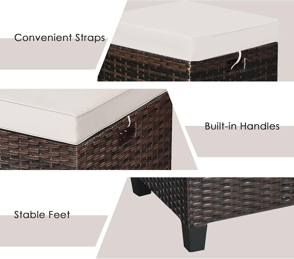 2-Piece Rattan Patio Ottoman, All Weather Wicker Ottoman w/Removable Cushion & Steel Frame, Outdoor Footstool