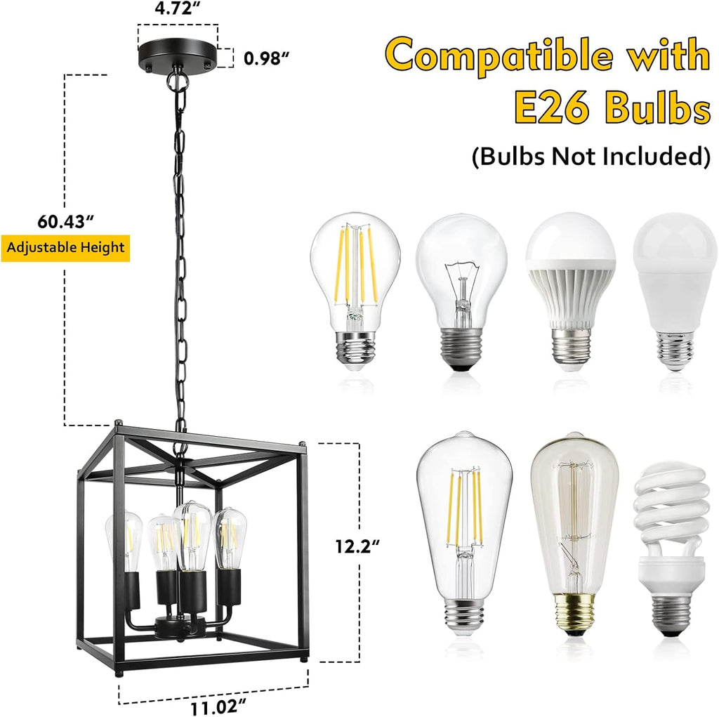 4-Light Black Farmhouse Chandelier, Iron Lantern Pendant Light Rustic Cage Adjustable Height, E26 Base Industrial Hanging Lights for Kitchen Island Dining Room Hallway Foyer Entryway A128-B0B84D1TCK