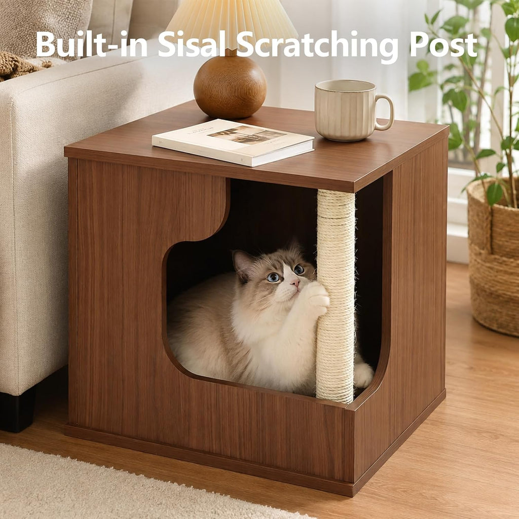 Wooden Cat House Side Table with Storage, Cat Nightstand End Table