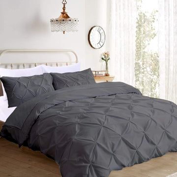 Pinch Pleated 3pc Duvet Cover Set 100% Egyptian Cotton 1000 Thread Count Zipper & Corner Ties Rectangle Pattern