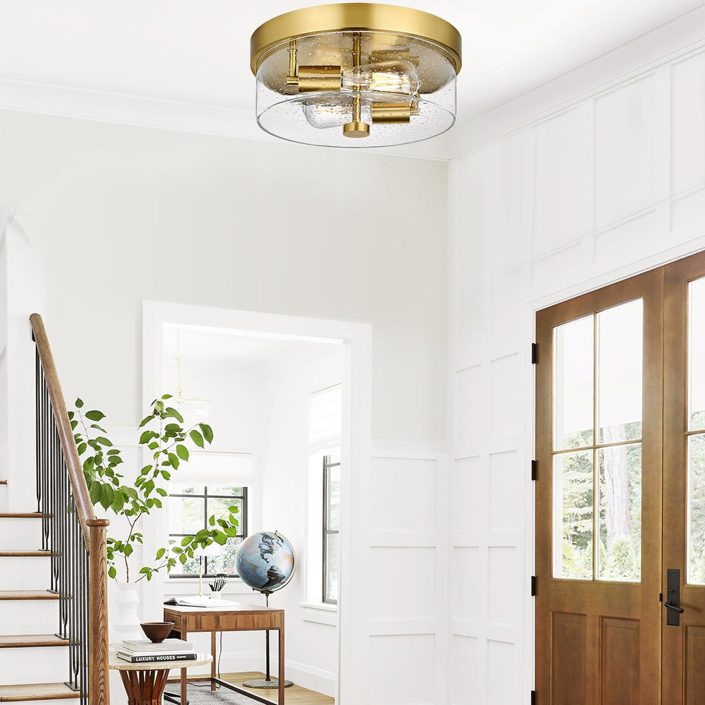 Flush Mount Ceiling Light Fixtures, 2-Light Gold Ceiling Mount for Farmhouse with Seeded Glass Lampshade, Industrial