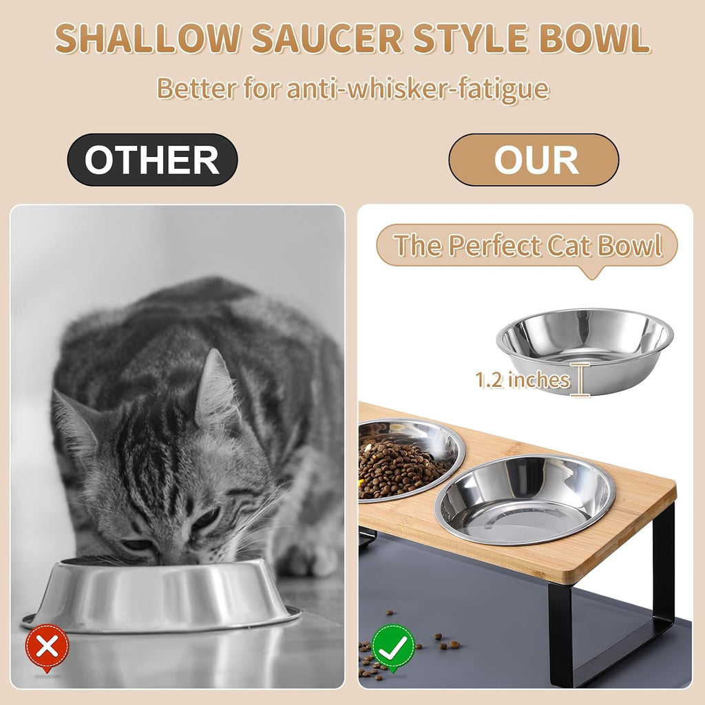 Upgraded Elevated Cat Bowls with Food Mat, 15°Tilted Stand Anti Vomiting Raised Cat Dishes for Food and Water, 2