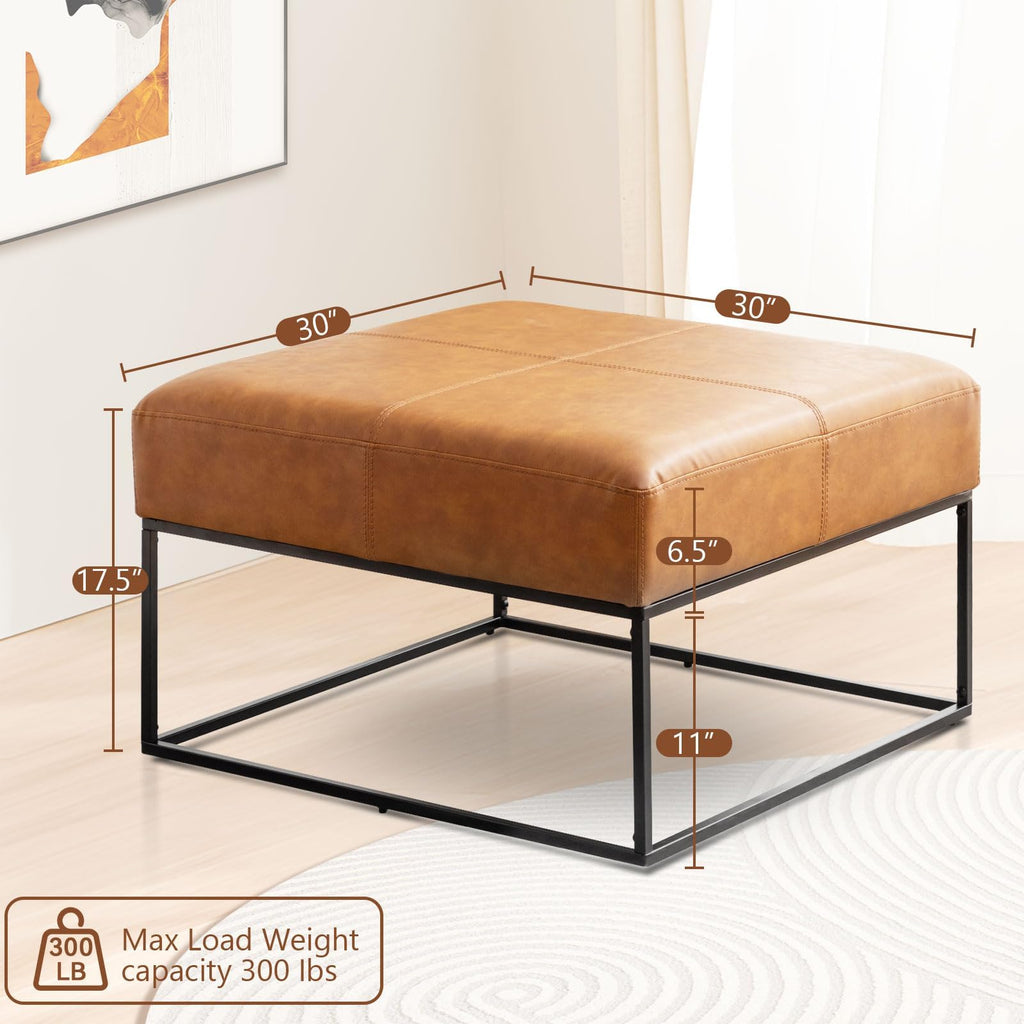 Modern Square Coffee Table, Farmhouse Ottoman, Large Vintage Leather Coffee Tables with Faux Leather Upholstered