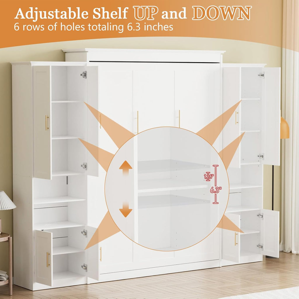 Queen Murphy Bed with 6 Adjustable Shelves & Storage Cabinets, Foldable Space-Saving Queen Wood Wall Bedframe with