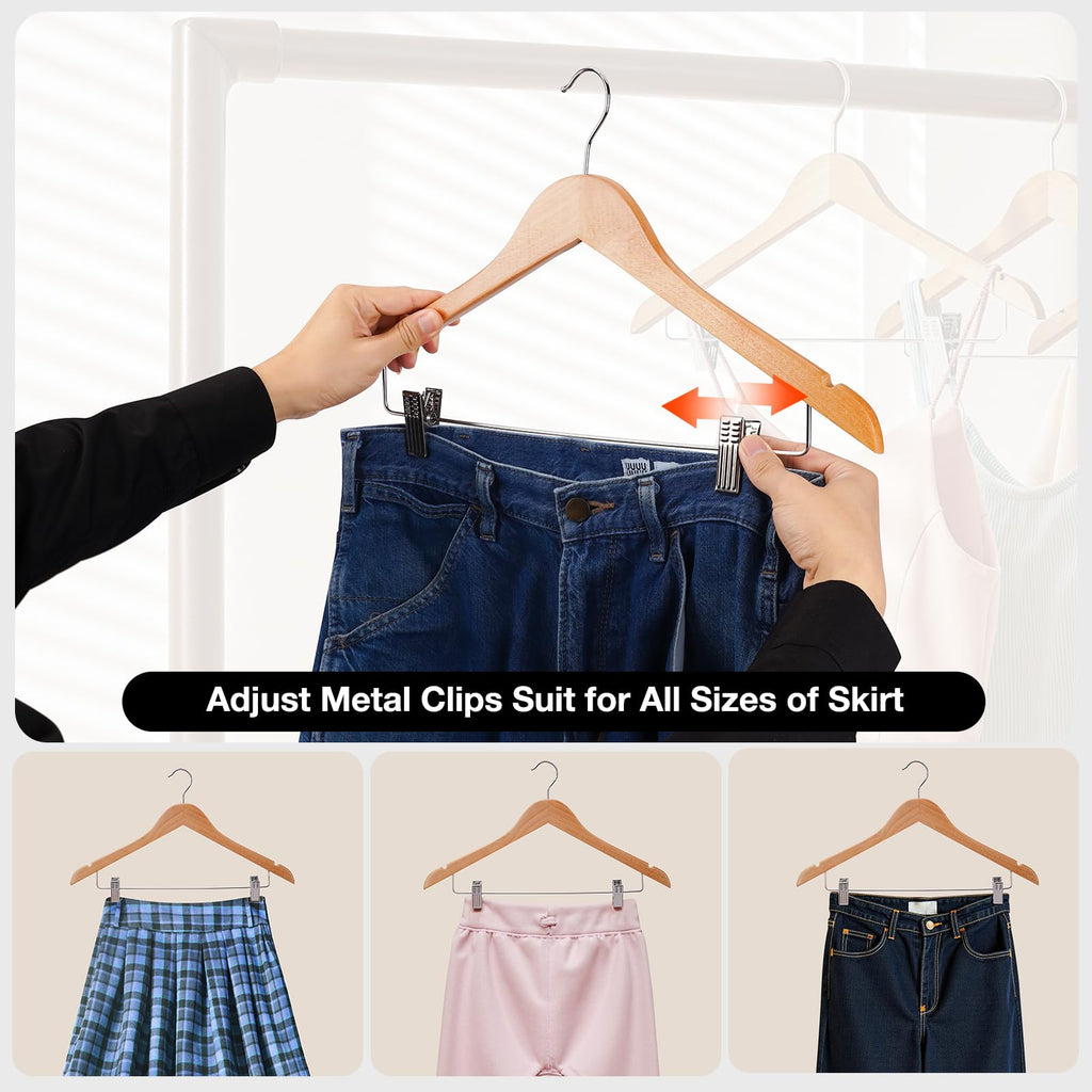 Wooden Hangers with Clips 24 PCS Pants Hangers with Clips, Smooth Solid Wooden Pants Hangers, 360 Swivel Hooks &