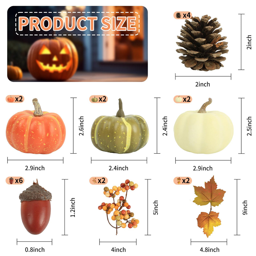 20 Pcs Realistic Fall Mini Pumpkin Decorations, Pumpkin Decor with Maple Leaves, Pine Cones, Acorns, Thanksgiving