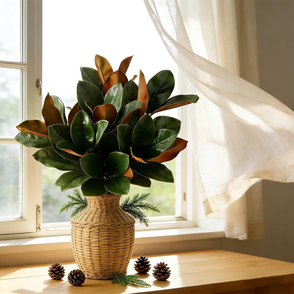 Magnolia Stems, Faux Magnolia Leaves Branches, 6Pcs