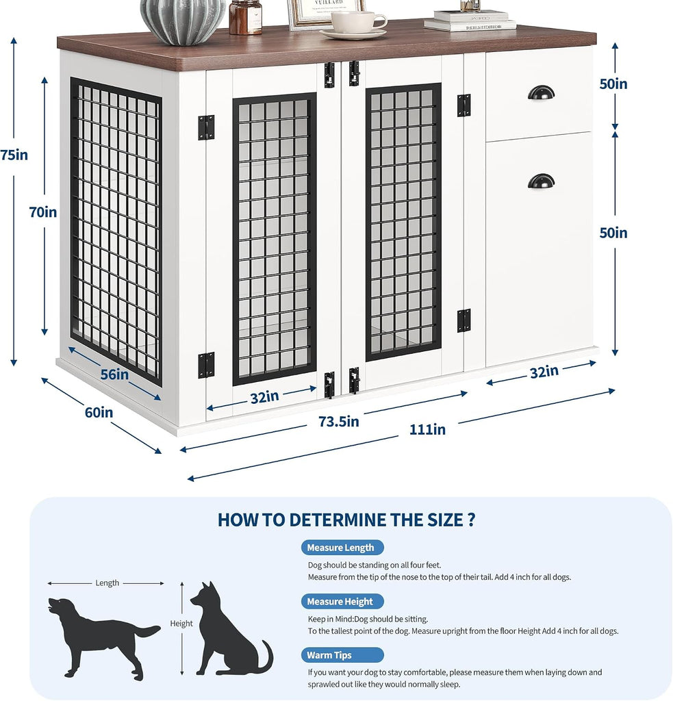 Elegant Wooden Dog Crate Furniture with Double Doors, Storage Drawers, Side Cabinet - Durable Heavy Duty Indoor