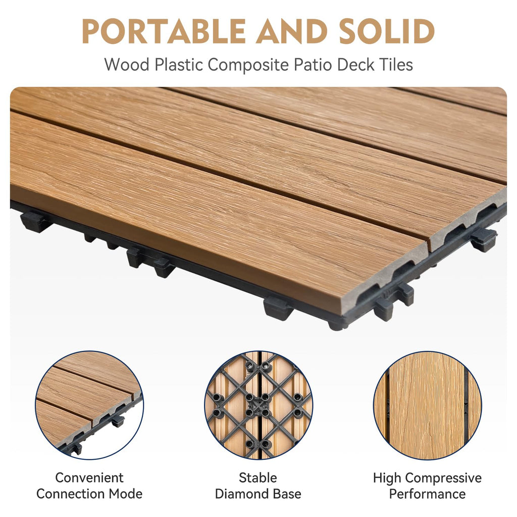 WPC Deck Tiles,12x12 Inch 9 PCS Teak, Waterproof Composite Flooring, Easy Snap Together DIY Indoor Outdoor Tiles for