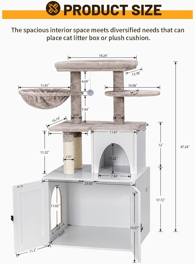 Cat Litter Box Enclosure with Cat Tree Tower and Condo, Hidden Washroom Furniture with Sisal Scratching Post and Soft