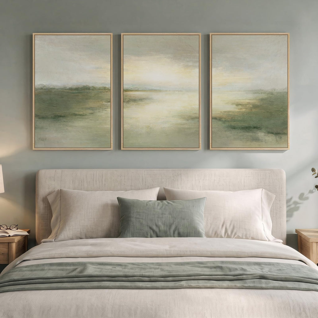 Large Framed Sage Green Abstract Landscape Wall Art, Set of 3 Each 20x30 In