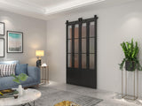 48 in. x 84 in. 3/4 Lites Frosted Glass Black Steel Frame Double Bi-Fold Barn Doors with Hardware Ki