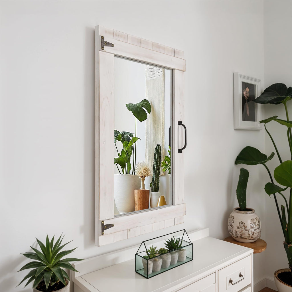 Farmhouse Mirror, 24x32 Inch Distressed White Wood Frame with Black Metal Hinges, Rustic Wall Mirror