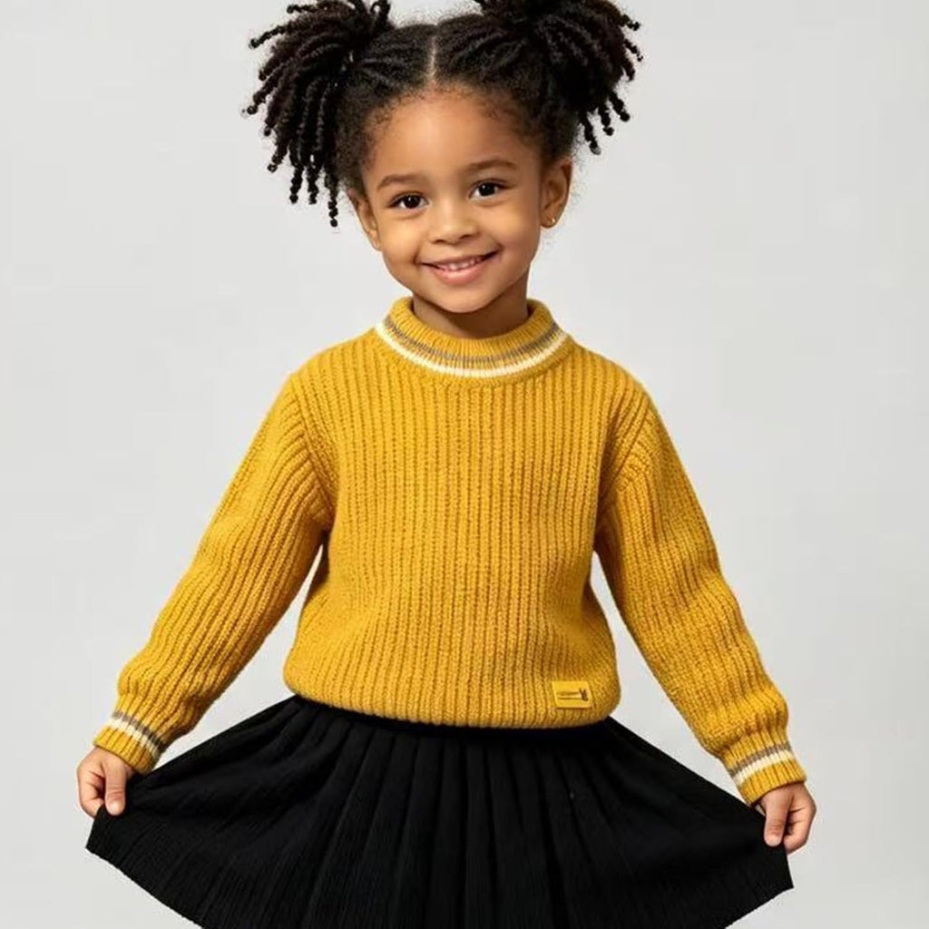 Kids Ribbed Cable Knit Sweater Striped Trim Long Sleeve Pullover Sweaters