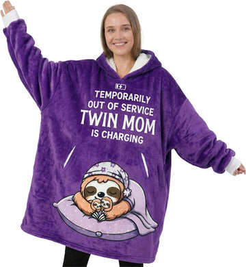 Twin Mom Gifts, Mom of Twins Gifts, Mother of Twins Wearable Flannel Blanket with Hoodie, Oversized Flannel Hooded