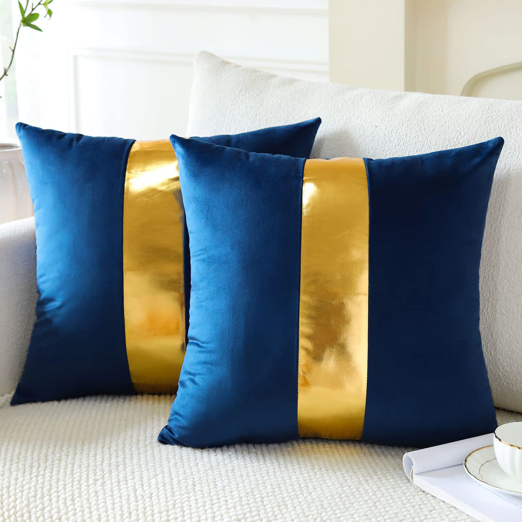 Navy Blue Velvet Throw Pillow Covers with Gold Leather Stitching Luxury Modern Minimalist Square Pillowcase Cushion