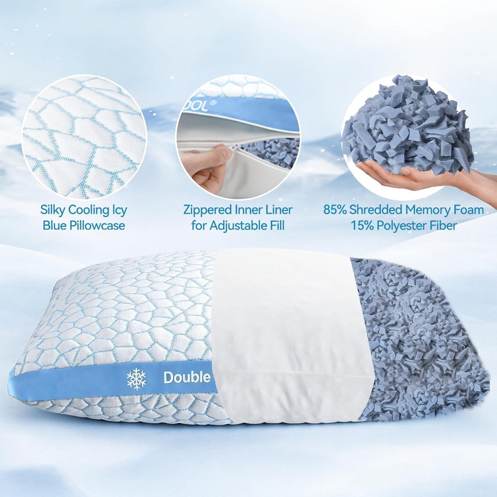 Enhanced Cooling Pillow for Hot Sleepers,Shredded Memory Foam Pillow King Size Set of 2,Adjustable Gel Bed Pillow for