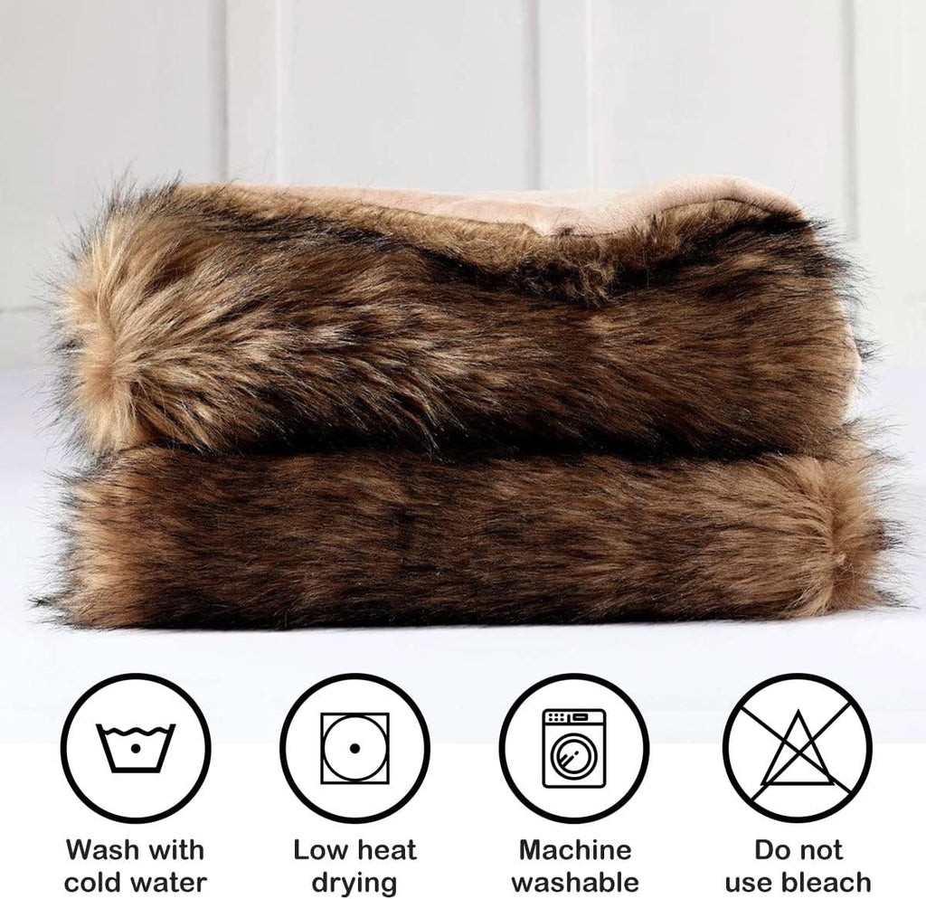 Plush Faux Fur Blanket Queen Size, Long Pile Brown with Black Tips, Oversized Super Warm, Fuzzy, Elegant, Fluffy