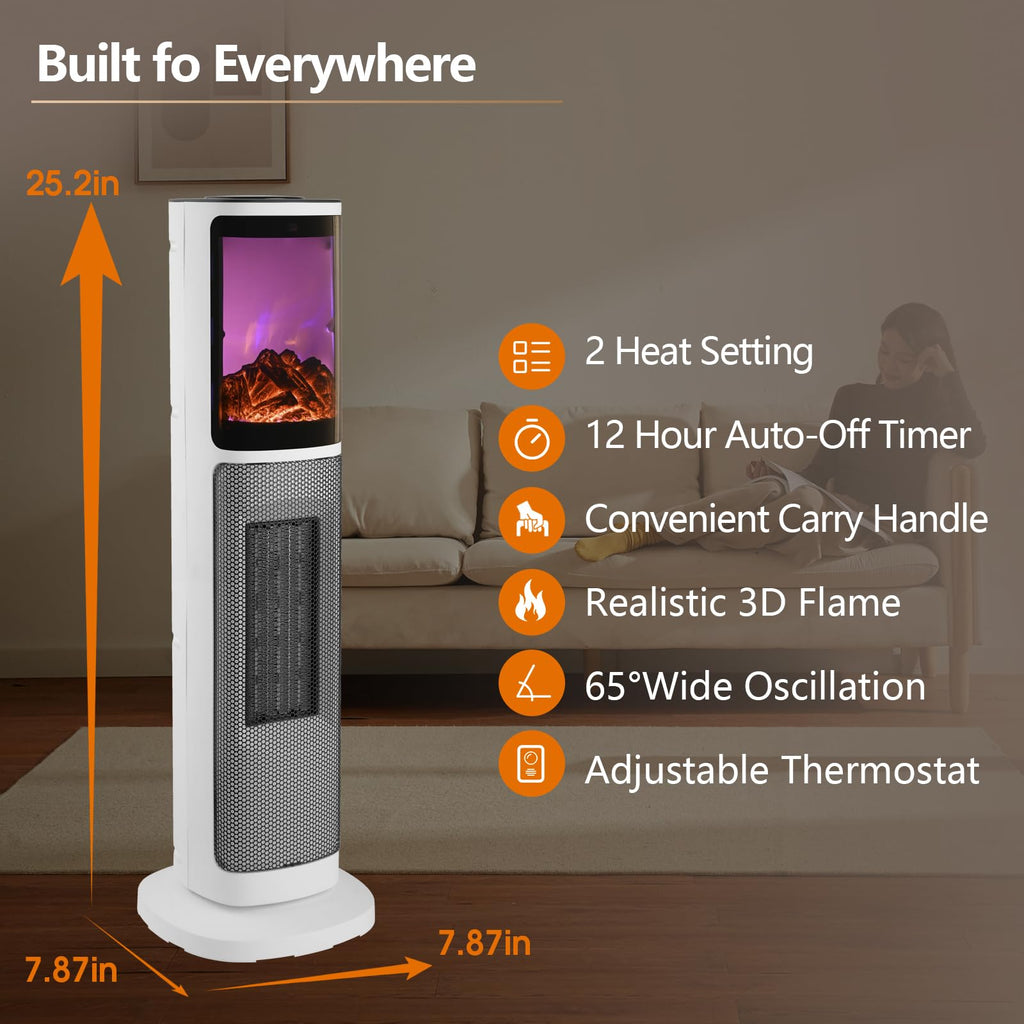 Oscillating Ceramic Tower Space Heater 3D Flame Office