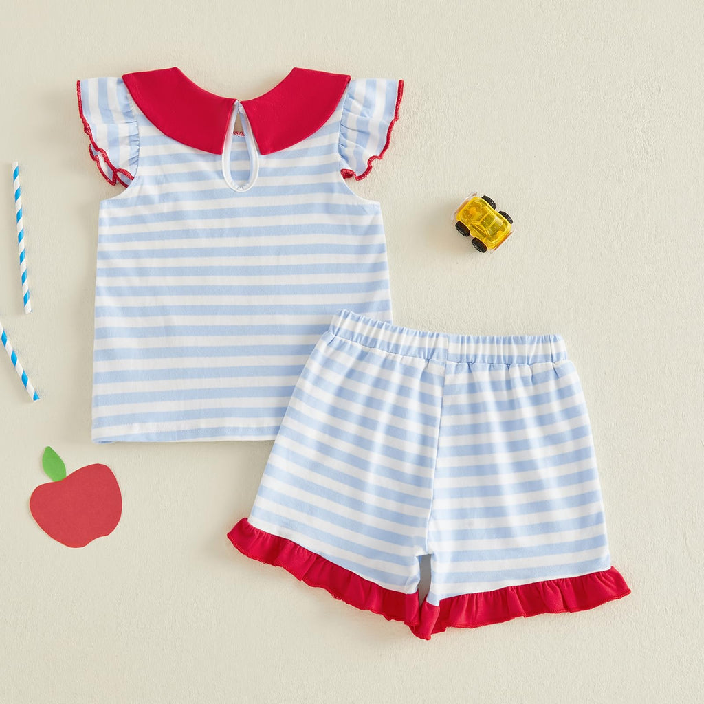 Little Girl Back To School Outfit Apple Pencil Embroidered Striped Peter Pan Collar Fly Sleeve Tops and Shorts Set